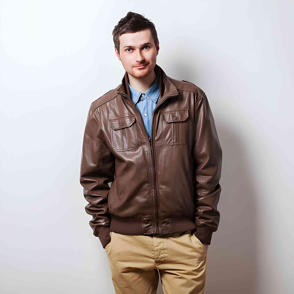 brown leather bomber jacket