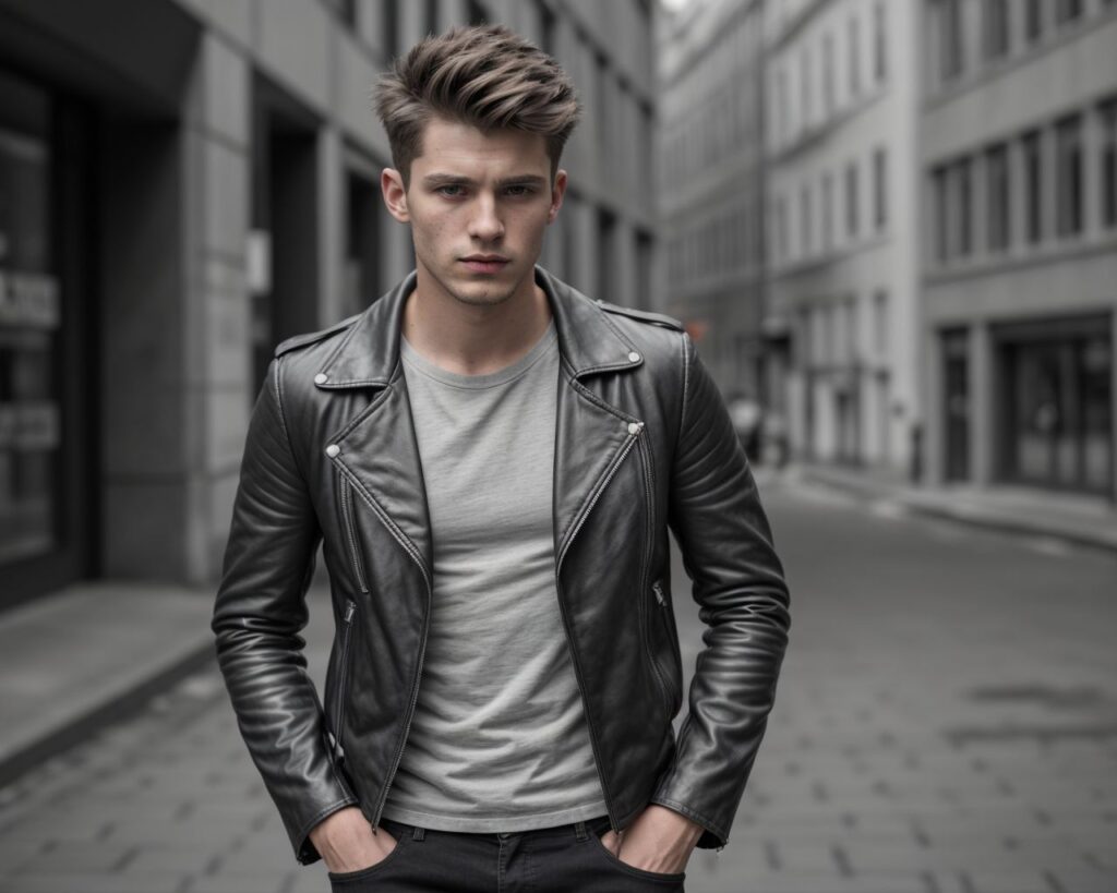 grey leather biker jacket